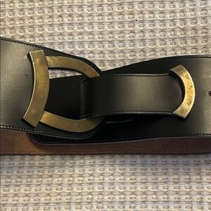 Elegant Ladies Black Leather 3” Wide Belt with Antique Gold Detail
